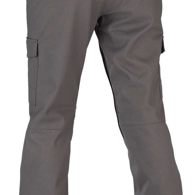 Volcom Women's Grace Stretch Pant 2022 - A pair of gray women's pants with a subtle floral pattern on the left leg, featuring a high waist and straight legs.