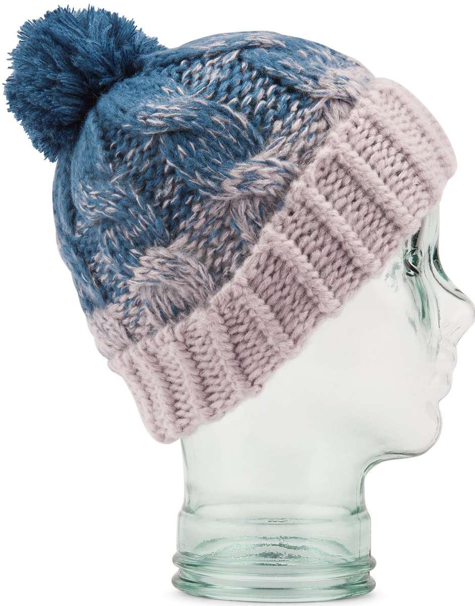 Volcom Women's Gradient Hand Knit Beanie 2023 - A blue and grey gradient beanie with a pom-pom on top, featuring a hand-knit design.