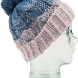 Volcom Women's Gradient Hand Knit Beanie 2023 - A blue and grey gradient beanie with a pom-pom on top, featuring a hand-knit design.