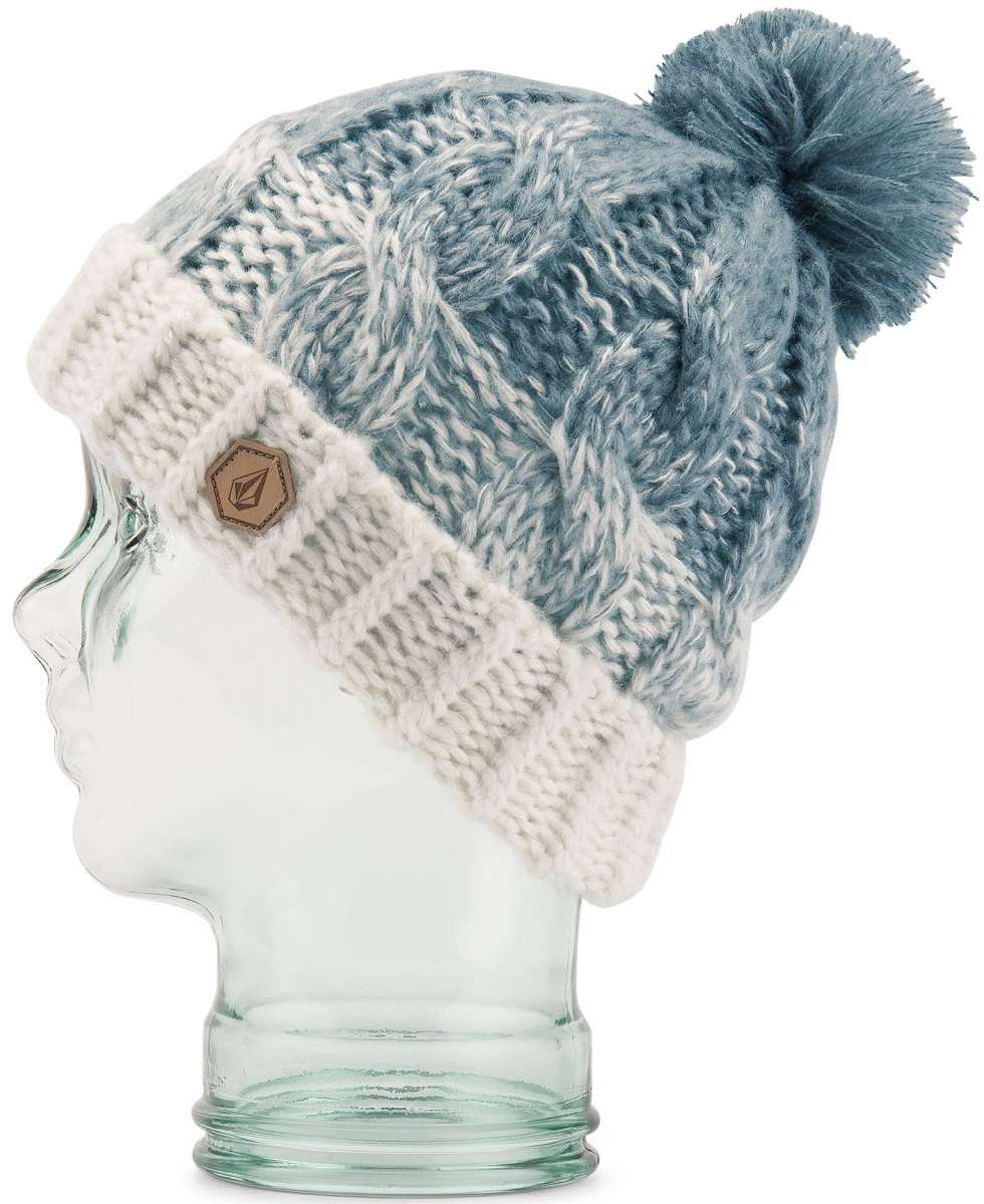 Volcom Women's Gradient Hand Knit Beanie 2023 - A blue and white gradient beanie with a pom-pom on top, featuring a hand-knit design.