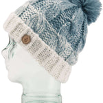 Volcom Women's Gradient Hand Knit Beanie 2023 - A blue and white gradient beanie with a pom-pom on top, featuring a hand-knit design.