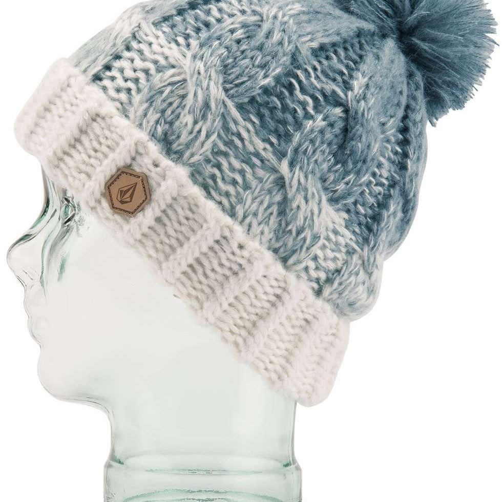 Volcom Women's Gradient Hand Knit Beanie 2023 - A blue and white gradient beanie with a pom-pom on top, featuring a hand-knit design.