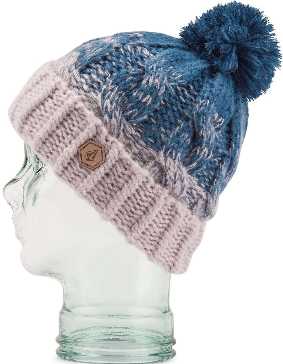 Volcom Women's Gradient Hand Knit Beanie 2023 - A blue and white gradient beanie with a pom-pom on top, featuring a hand-knit design.
