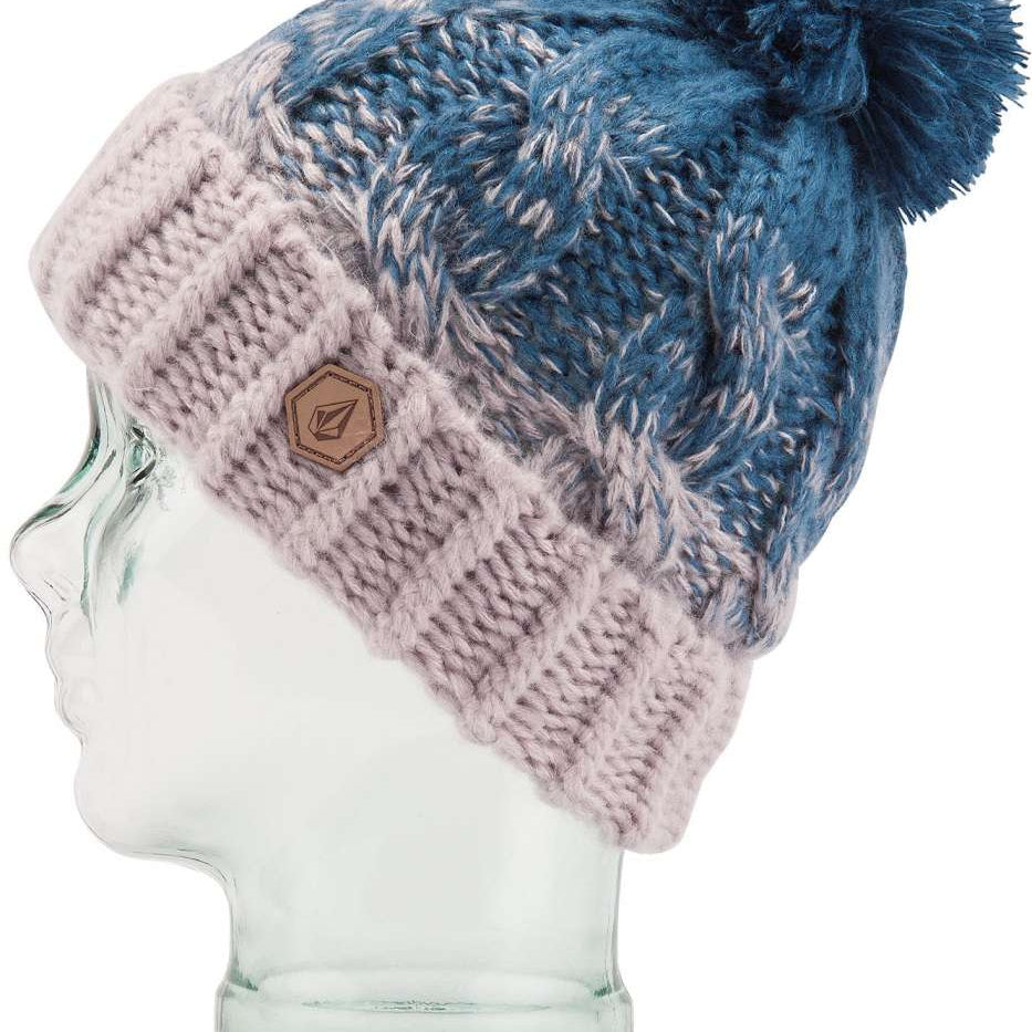 Volcom Women's Gradient Hand Knit Beanie 2023 - A blue and white gradient beanie with a pom-pom on top, featuring a hand-knit design.