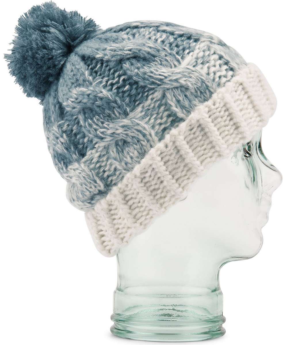 Volcom Women's Gradient Hand Knit Beanie 2023 - A blue and white gradient beanie with a pom-pom on top, featuring a hand-knit design.