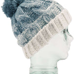 Volcom Women's Gradient Hand Knit Beanie 2023 - A blue and white gradient beanie with a pom-pom on top, featuring a hand-knit design.