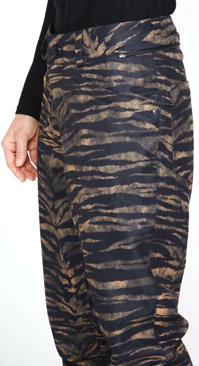 Volcom Women's Hallen Shell Pant 2023 - Black snow pants with a subtle tiger stripe pattern on the side of the leg.