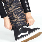 Volcom Women's Hallen Shell Pant 2023 - Black snow pants with a brown tiger stripe pattern on the upper thigh area.