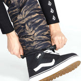 Volcom Women's Hallen Shell Pant 2023 - Black snow pants with a brown tiger stripe pattern on the upper thigh area.
