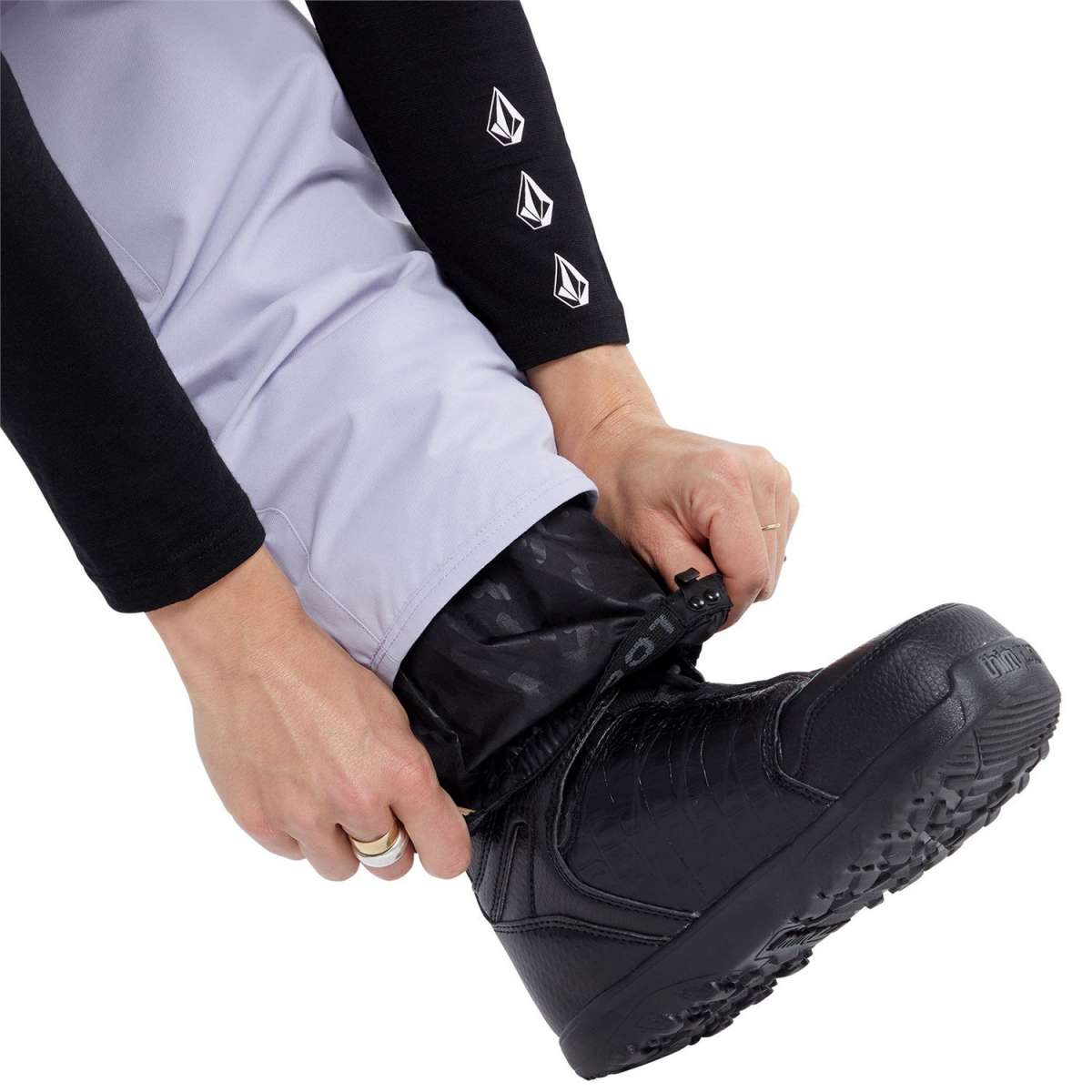 Volcom Women's Hallen Shell Pant 2024 - Black snow pants with white logo on left leg cuff.