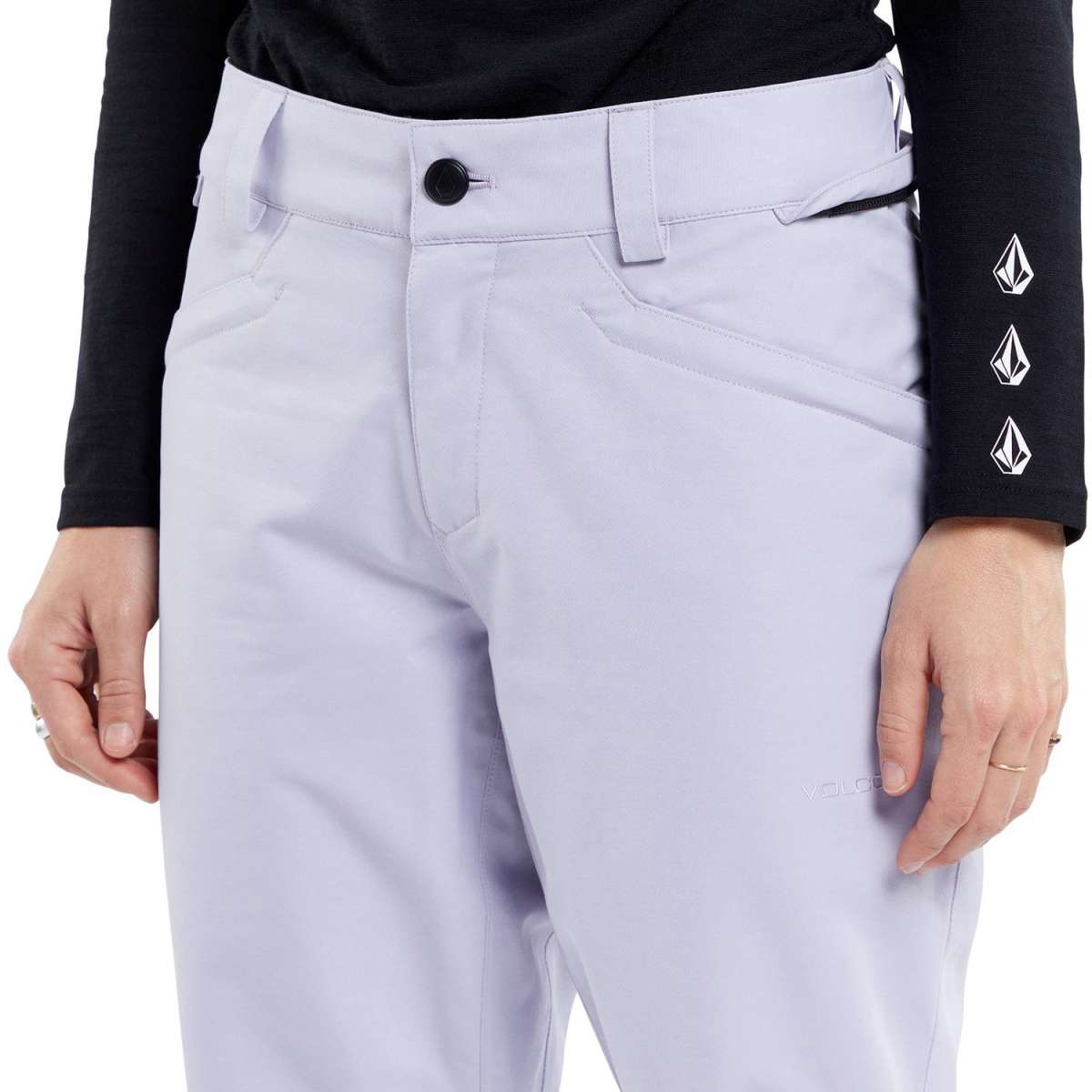 Volcom Women's Hallen Shell Pant 2024 - A pair of white snow pants with a black button on the waistband.