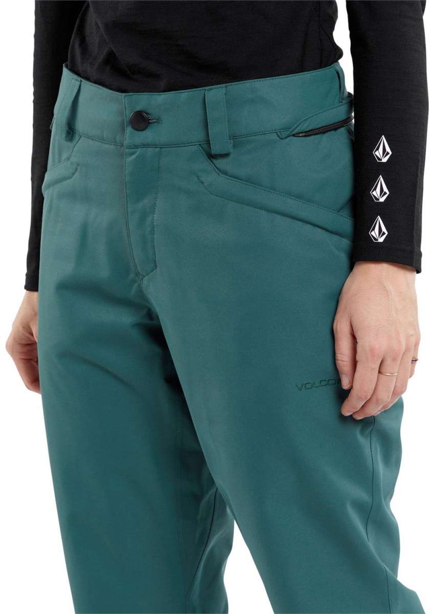 Volcom Women's Hallen Shell Pant 2024 - A pair of green snow pants with a black zipper on the left side pocket.