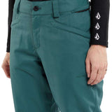 Volcom Women's Hallen Shell Pant 2024 - A pair of green snow pants with a black zipper on the left side pocket.