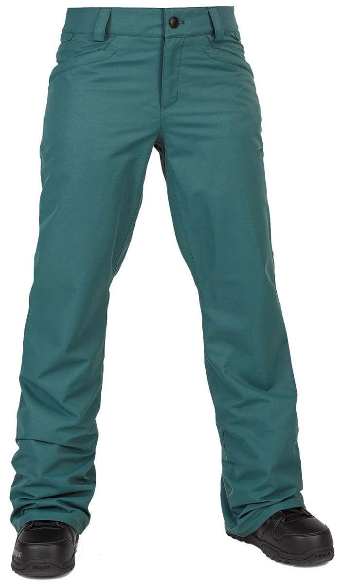 Volcom Women's Hallen Shell Pant 2024 - A pair of green snow pants with a black button on the waistband.