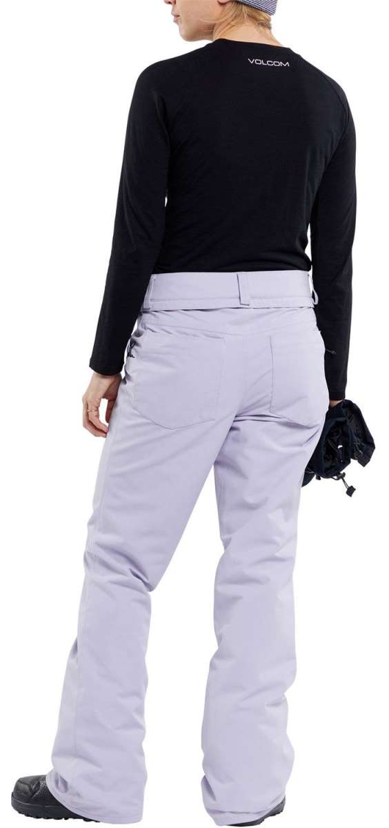 Volcom Women's Hallen Shell Pant 2024 - Black snow pants with white logo on left thigh and zippered pocket on right hip.
