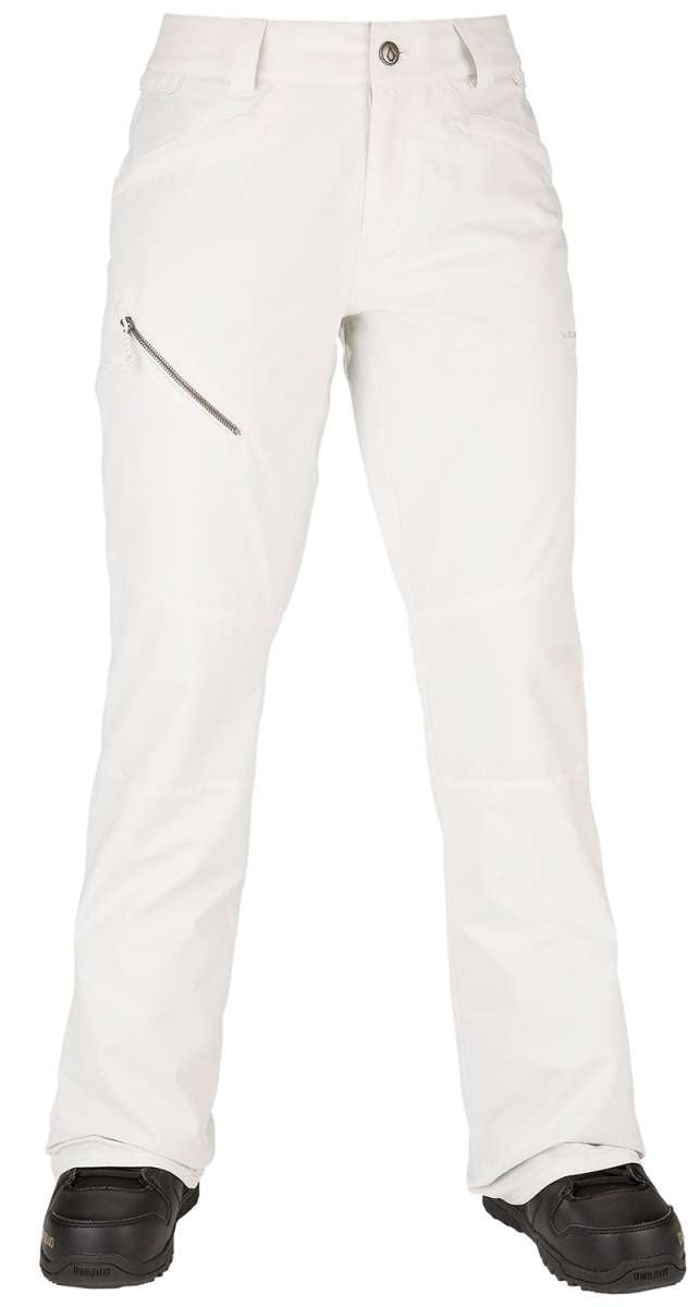 Volcom Women's Hallen Shell Pants 2022 - White snow pants with a diagonal zippered pocket on the right thigh and two small pockets on the left hip.