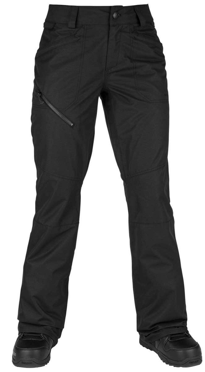 Volcom Women's Hallen Shell Pants 2022 - Black pants with diagonal zippered pocket on right thigh and two front pockets.