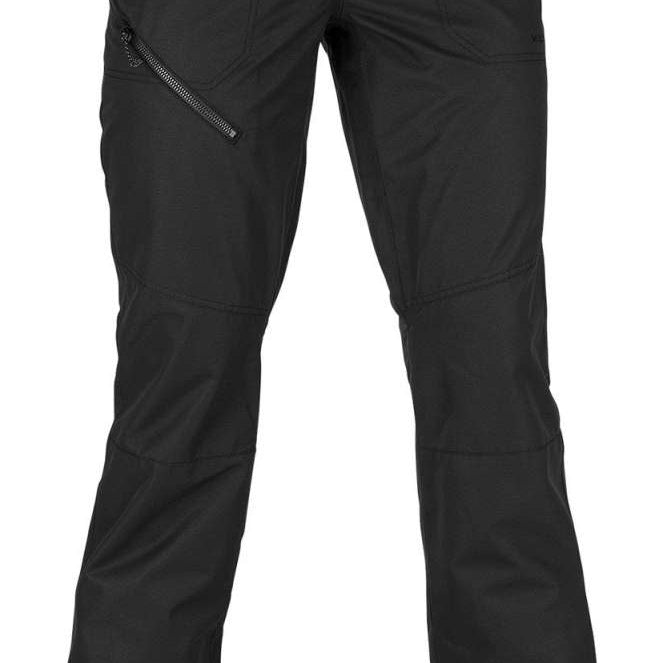 Volcom Women's Hallen Shell Pants 2022 - Black pants with diagonal zippered pocket on right thigh and two front pockets.