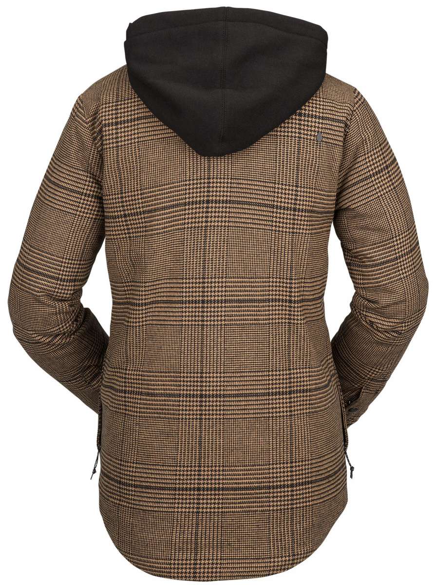 Volcom Women's Hooded Flannel Jacket 2023 - A brown flannel jacket with a hood, featuring a plaid pattern and two zippered pockets on either side.