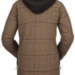 Volcom Women's Hooded Flannel Jacket 2023 - A brown flannel jacket with a hood, featuring a plaid pattern and two zippered pockets on either side.