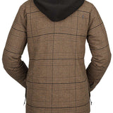 Volcom Women's Hooded Flannel Jacket 2023 - A brown flannel jacket with a hood, featuring a plaid pattern and two zippered pockets on either side.