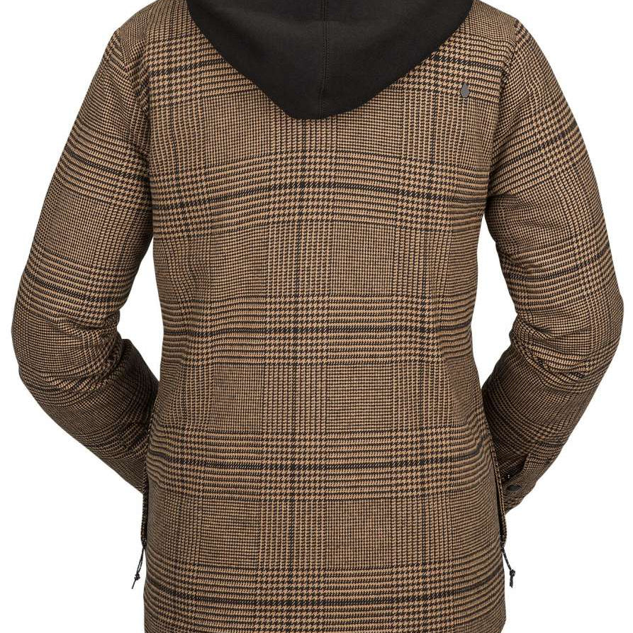Volcom Women's Hooded Flannel Jacket 2023 - A brown flannel jacket with a hood, featuring a plaid pattern and two zippered pockets on either side.