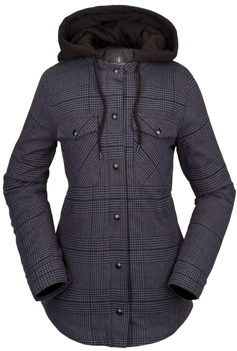 Volcom Women's Hooded Flannel Jacket 2023 - A plaid flannel jacket with a hood, featuring a black and white checkered pattern.