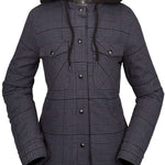 Volcom Women's Hooded Flannel Jacket 2023 - A plaid flannel jacket with a hood, featuring a black and white checkered pattern.