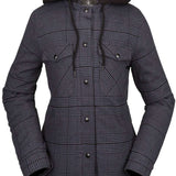 Volcom Women's Hooded Flannel Jacket 2023 - A plaid flannel jacket with a hood, featuring a black and white checkered pattern.
