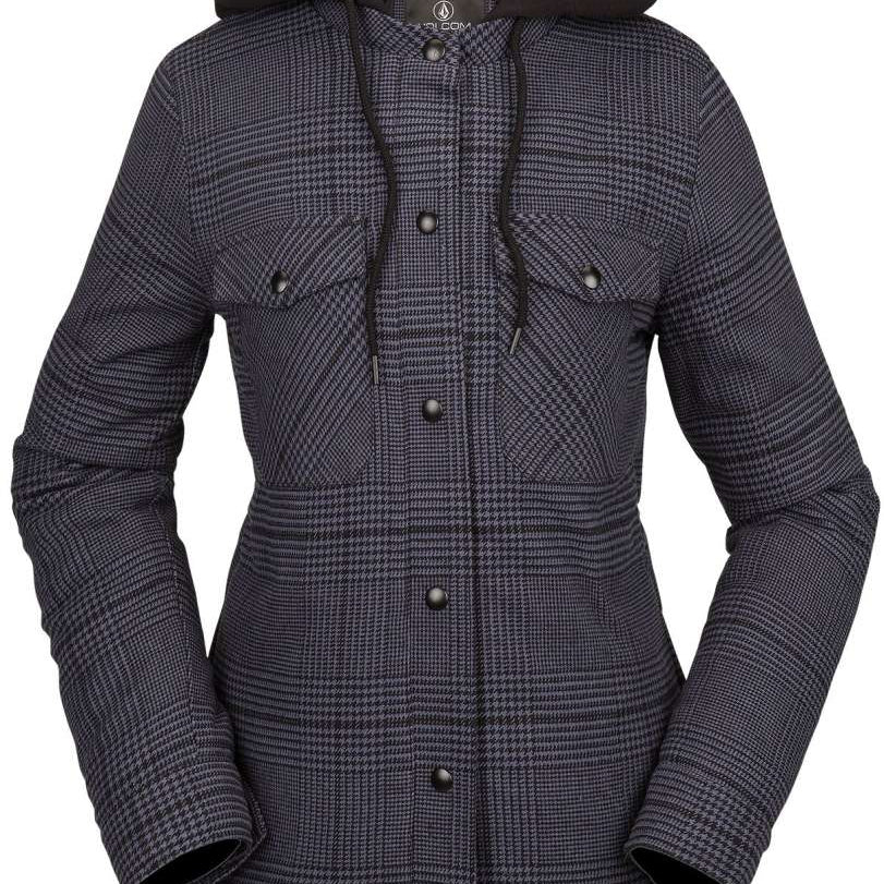 Volcom Women's Hooded Flannel Jacket 2023 - A plaid flannel jacket with a hood, featuring a black and white checkered pattern.