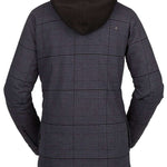 Volcom Women's Hooded Flannel Jacket 2023 - A plaid flannel jacket with a hood, featuring a small embroidered logo on the upper left chest area.