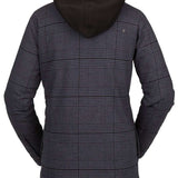 Volcom Women's Hooded Flannel Jacket 2023 - A plaid flannel jacket with a hood, featuring a small embroidered logo on the upper left chest area.
