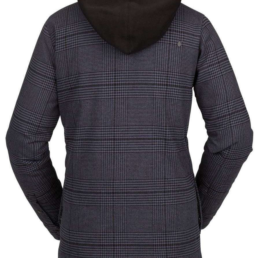 Volcom Women's Hooded Flannel Jacket 2023 - A plaid flannel jacket with a hood, featuring a small embroidered logo on the upper left chest area.