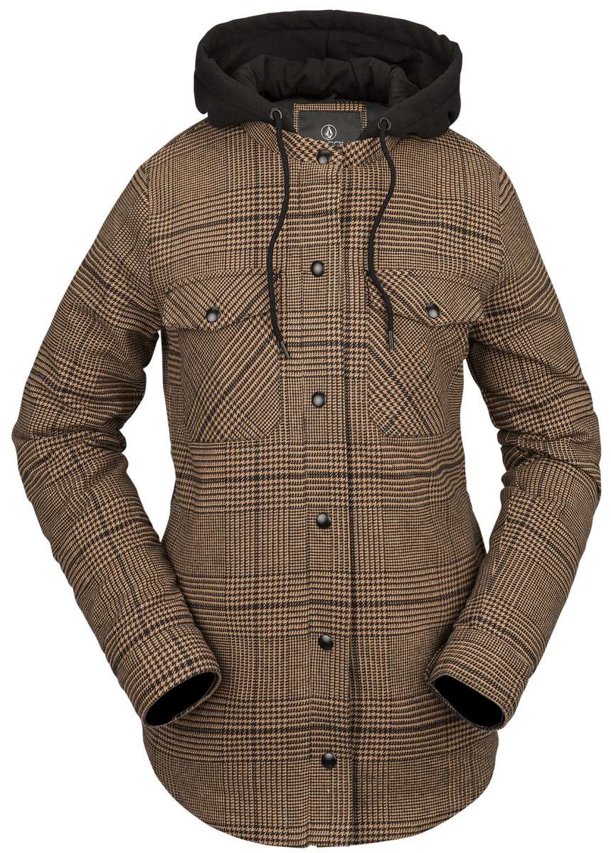 Volcom Women's Hooded Flannel Jacket 2023 - A brown and white plaid flannel jacket with a hood, featuring black drawstrings and buttons down the front.