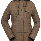 Volcom Women's Hooded Flannel Jacket 2023 - A brown and white plaid flannel jacket with a hood, featuring black drawstrings and buttons down the front.