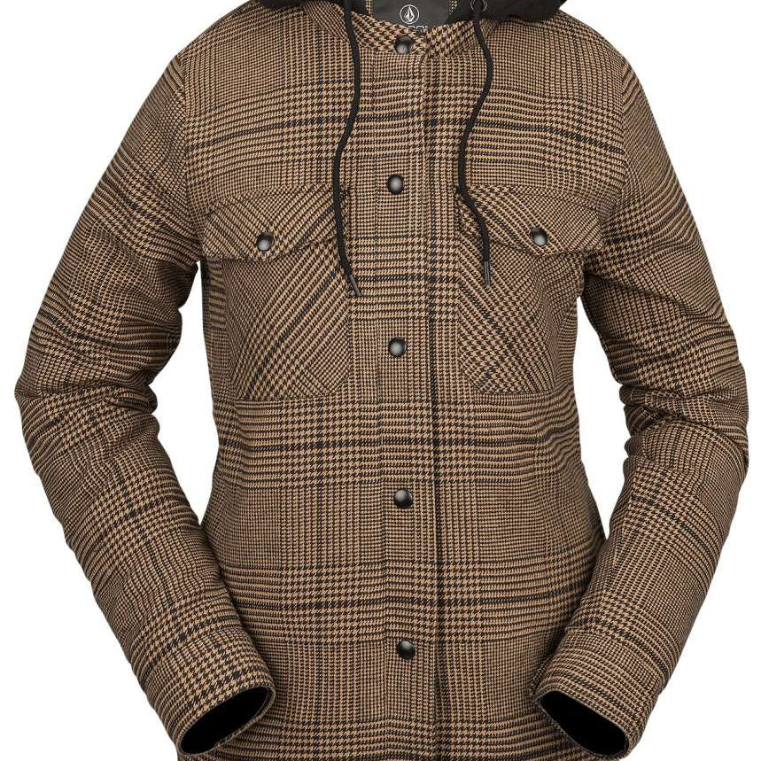 Volcom Women's Hooded Flannel Jacket 2023 - A brown and white plaid flannel jacket with a hood, featuring black drawstrings and buttons down the front.