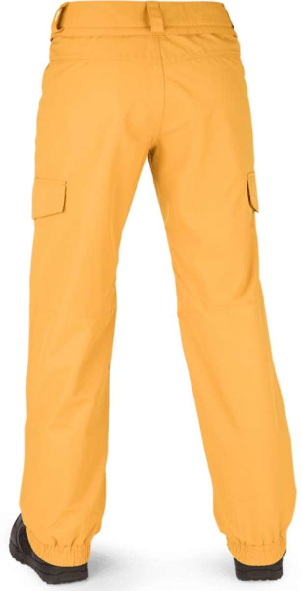 Volcom Women's Hotlapper Pants 2022 - A pair of khaki-colored pants with a cargo pocket on the thigh and elastic cuffs at the bottom.