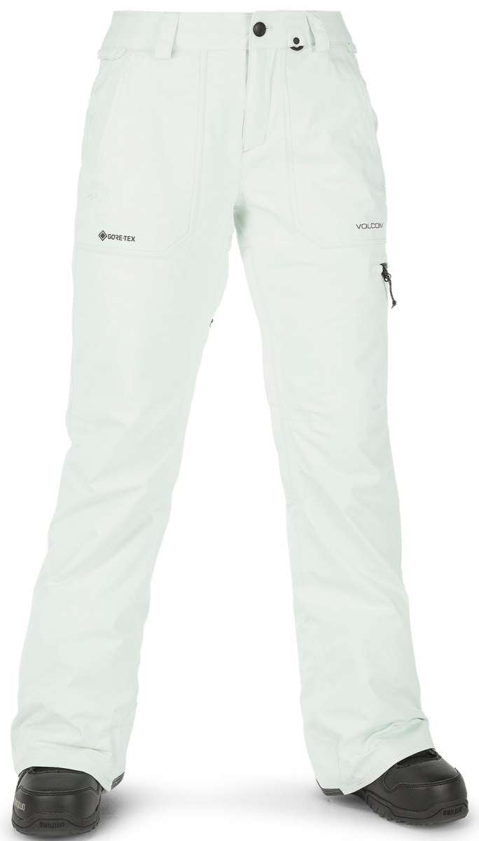 Volcom Women's Knox Insulated GORE-TEX Pant 2023 - A pair of white ski pants with a black logo on the left thigh and a zipper pocket on the right leg.