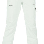Volcom Women's Knox Insulated GORE-TEX Pant 2023 - A pair of white ski pants with a black logo on the left thigh and a zipper pocket on the right leg.