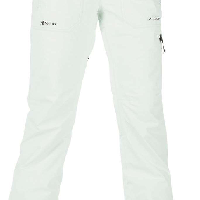 Volcom Women's Knox Insulated GORE-TEX Pant 2023 - A pair of white ski pants with a black logo on the left thigh and a zipper pocket on the right leg.