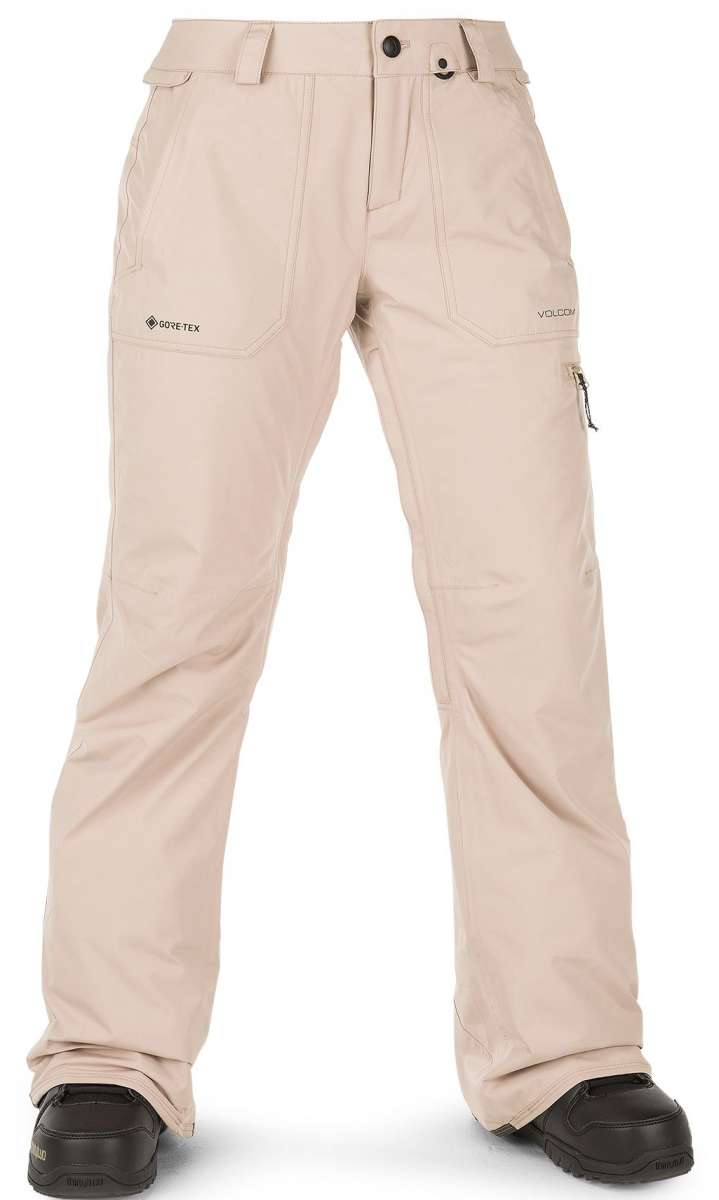 Volcom Women's Knox Insulated GORE-TEX Pant 2023 - Beige snow pants with a zippered pocket on the right thigh and black hardware.