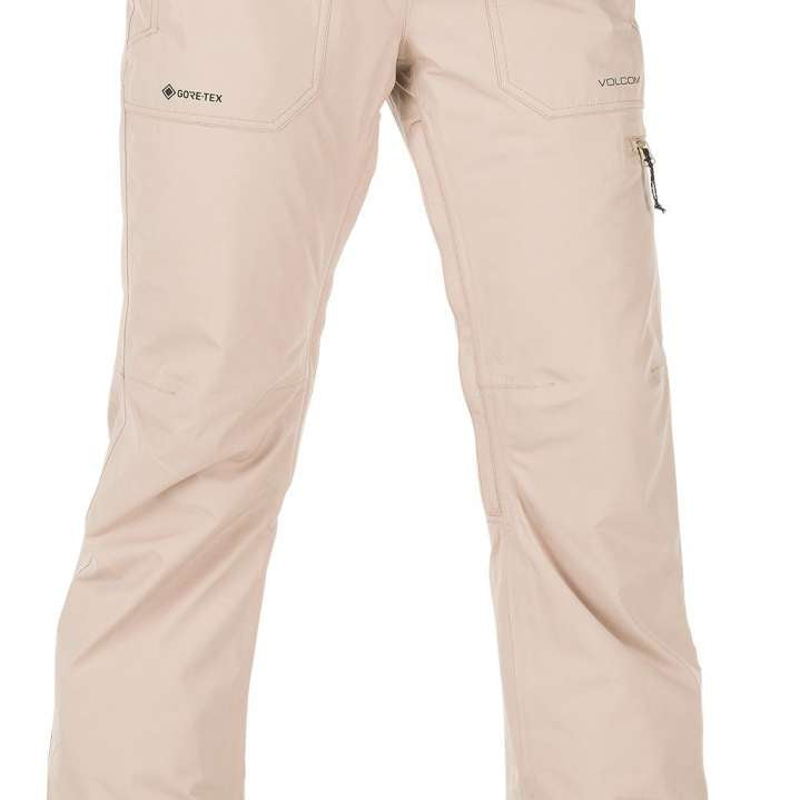 Volcom Women's Knox Insulated GORE-TEX Pant 2023 - Beige snow pants with a zippered pocket on the right thigh and black hardware.