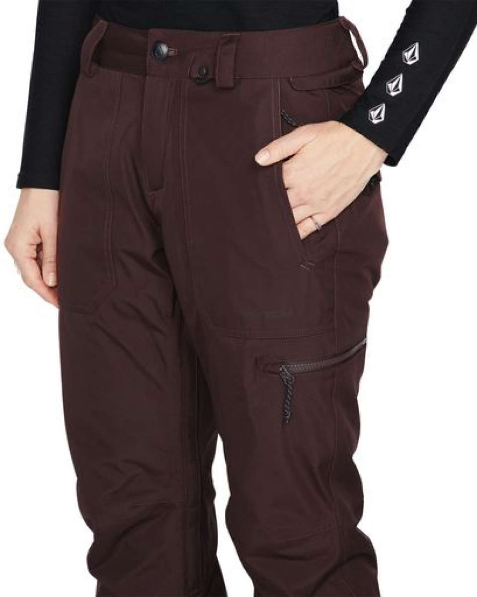 Volcom Women's Knox Insulated GORE-TEX Pant 2023 - A pair of dark brown snow pants with a zippered pocket on the thigh and a black zipper pull.