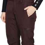 Volcom Women's Knox Insulated GORE-TEX Pant 2023 - A pair of dark brown snow pants with a zippered pocket on the thigh and a black zipper pull.