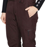 Volcom Women's Knox Insulated GORE-TEX Pant 2023 - A pair of dark brown snow pants with a zippered pocket on the thigh and a black zipper pull.