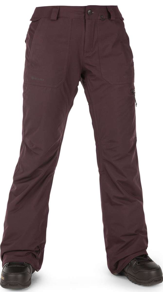Volcom Women's Knox Insulated GORE-TEX Pant 2023 - Dark-colored, insulated ski pants with a zippered pocket on the thigh and adjustable Velcro straps at the waist.