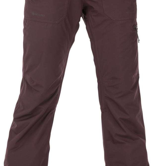 Volcom Women's Knox Insulated GORE-TEX Pant 2023 - Dark-colored, insulated ski pants with a zippered pocket on the thigh and adjustable Velcro straps at the waist.