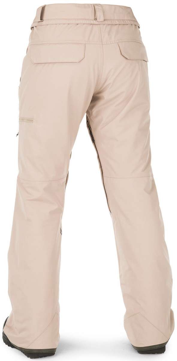 Volcom Women's Knox Insulated GORE-TEX Pant - Beige snow pants with a zippered pocket on the right thigh and a black logo patch on the left leg.
