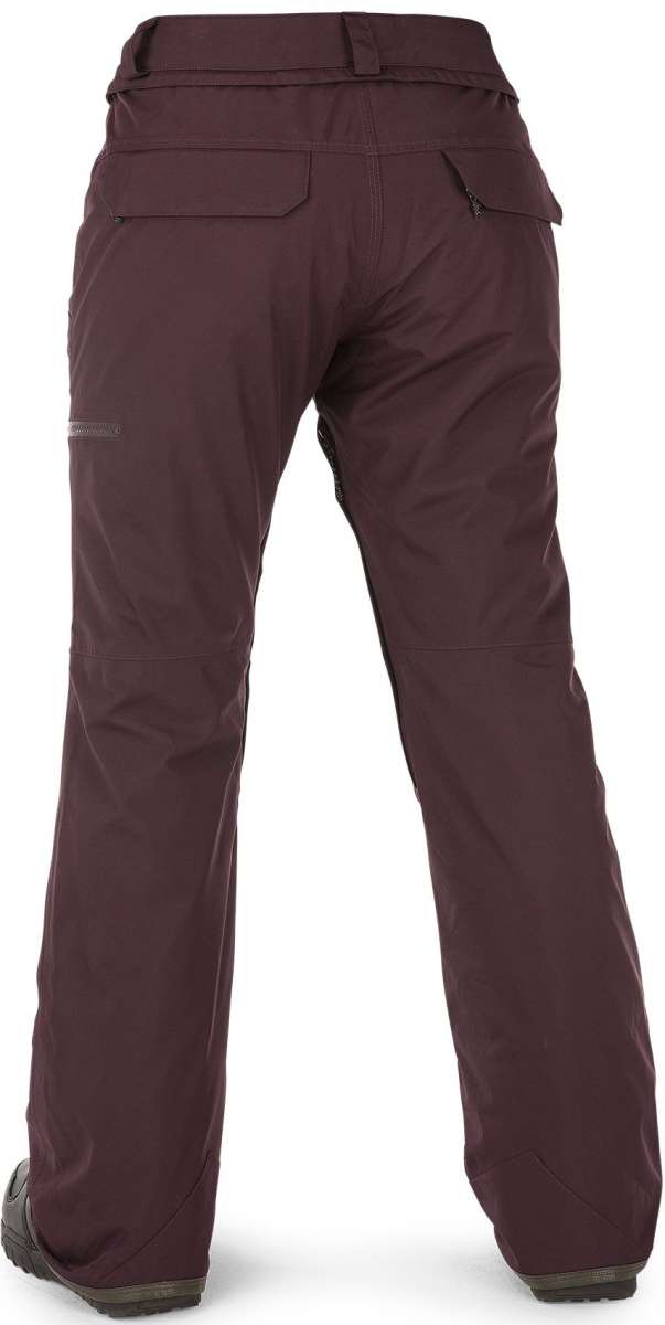 Volcom Women's Knox Insulated GORE-TEX Pant 2023 - Dark-colored, insulated ski pants with a zippered pocket on the thigh and adjustable Velcro straps at the waist.