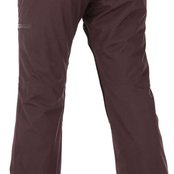Volcom Women's Knox Insulated GORE-TEX Pant 2023 - Dark-colored, insulated ski pants with a zippered pocket on the thigh and adjustable Velcro straps at the waist.